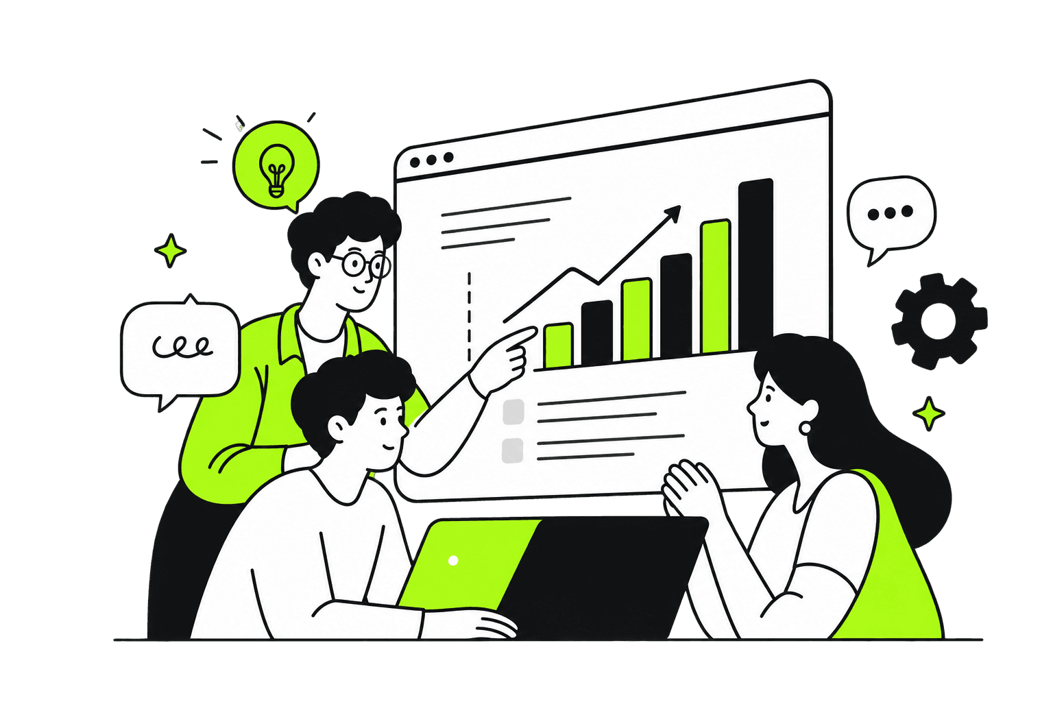 A team collaborating around a digital growth dashboard