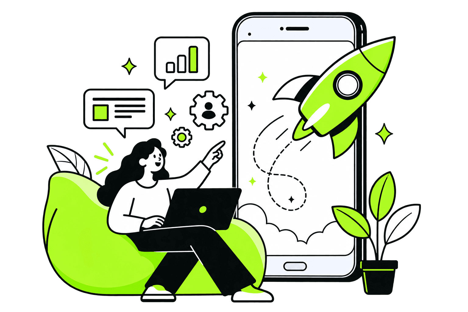 A digital marketing specialist launching a rocket from a mobile platform